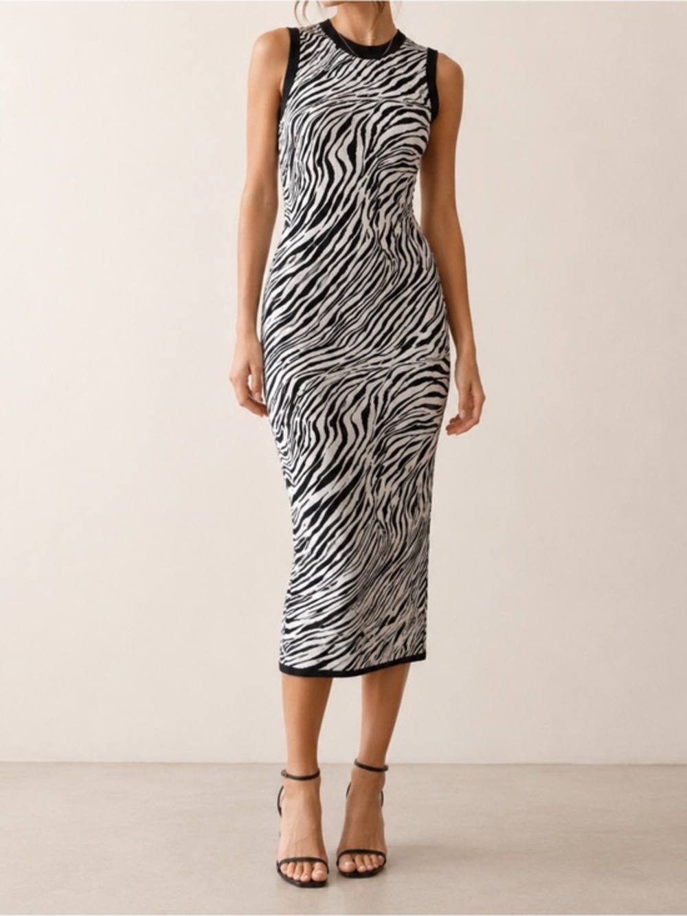 McQ Alexander McQueen Zebra Print Bodycon Midi Dress Black White Sleeveless